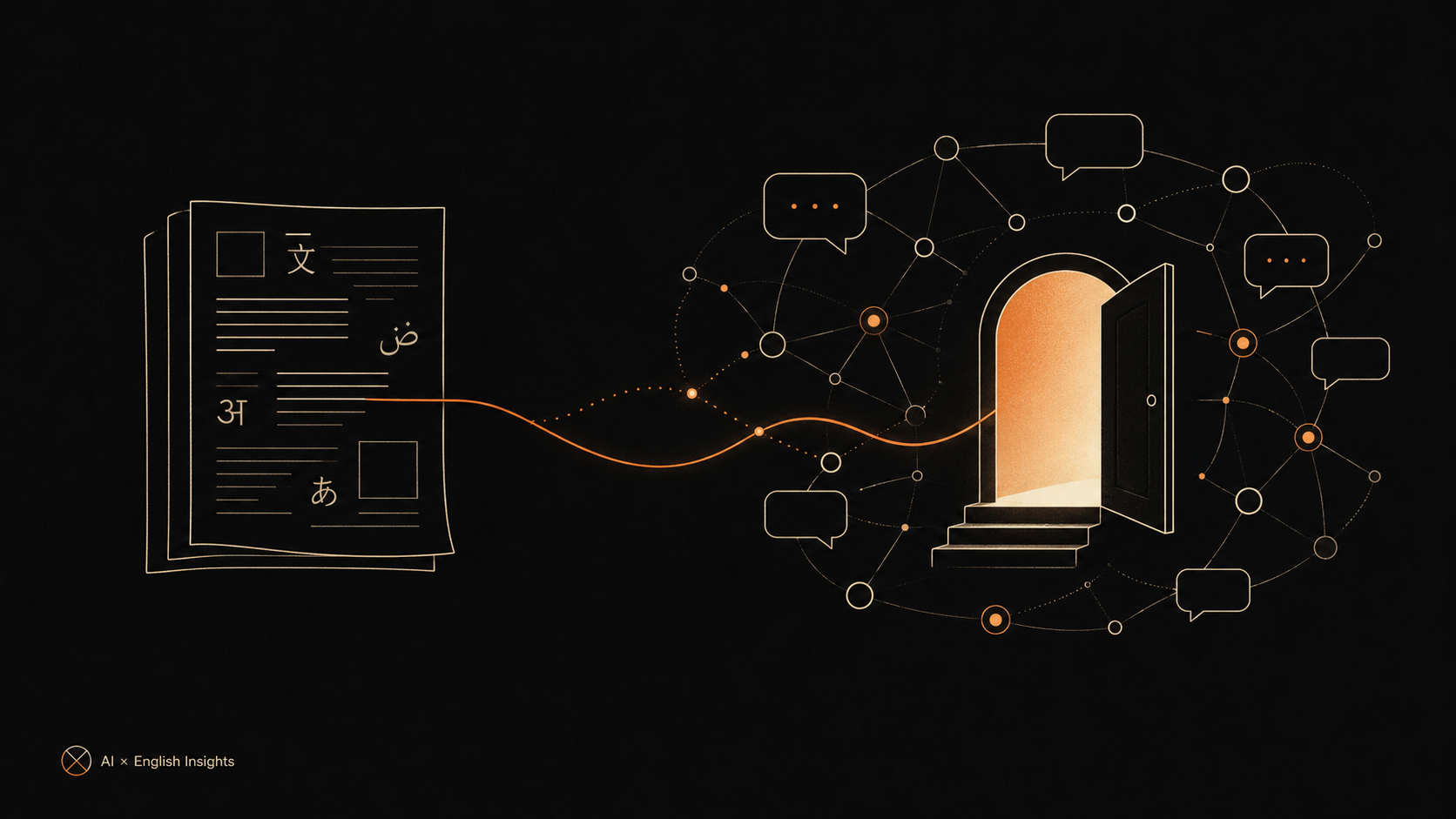 Ilustración de AI × English Insights con un documento multilingüe conectado a una red de conversaciones y una puerta iluminada
