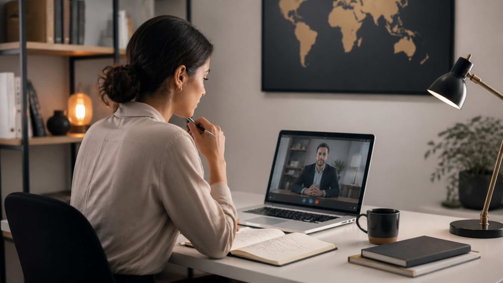 Profesional preparando una entrevista de trabajo en inglés por videollamada