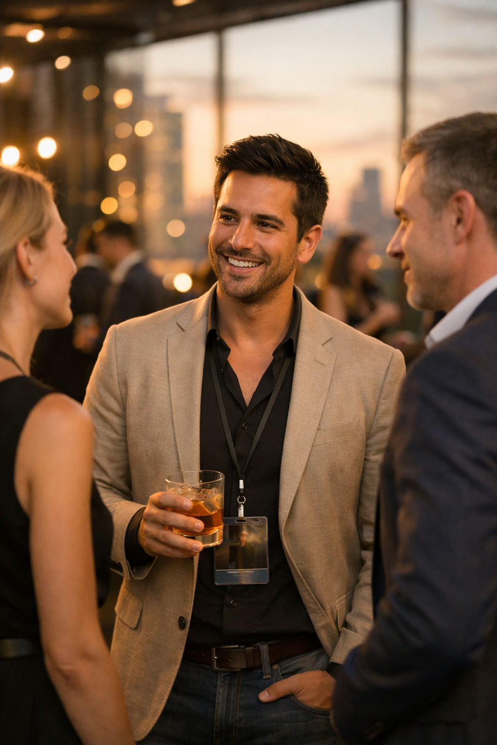 Networking profesional en un evento internacional al atardecer